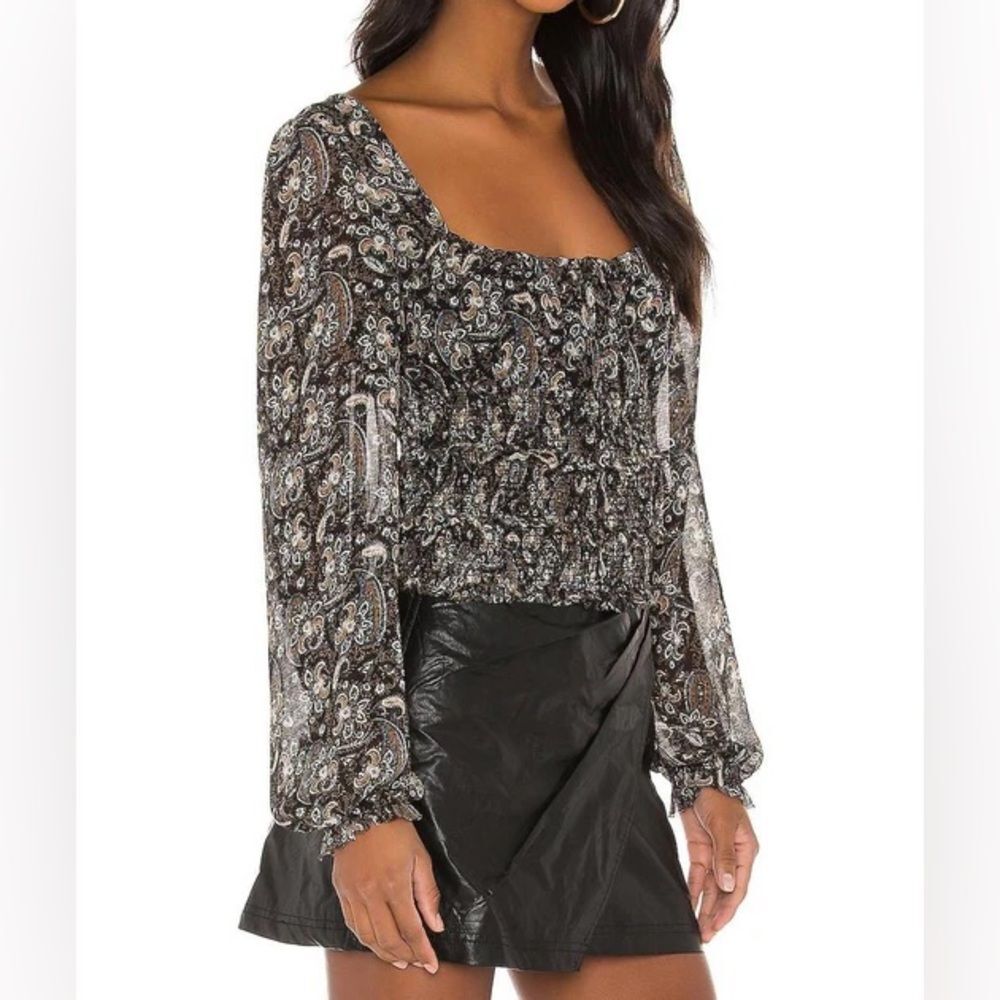 Free People Sz Medium Black Paisley Tiered Ruffle Lolita Peasant Blouse Top